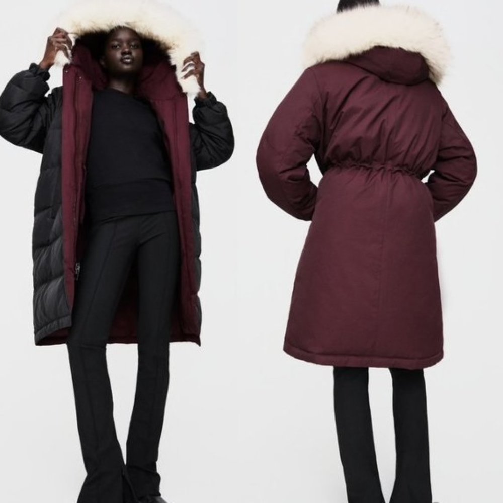 Zara Reversible Duck Down Oversized Relaxed Faux Fur Hood Puffer Jacket S